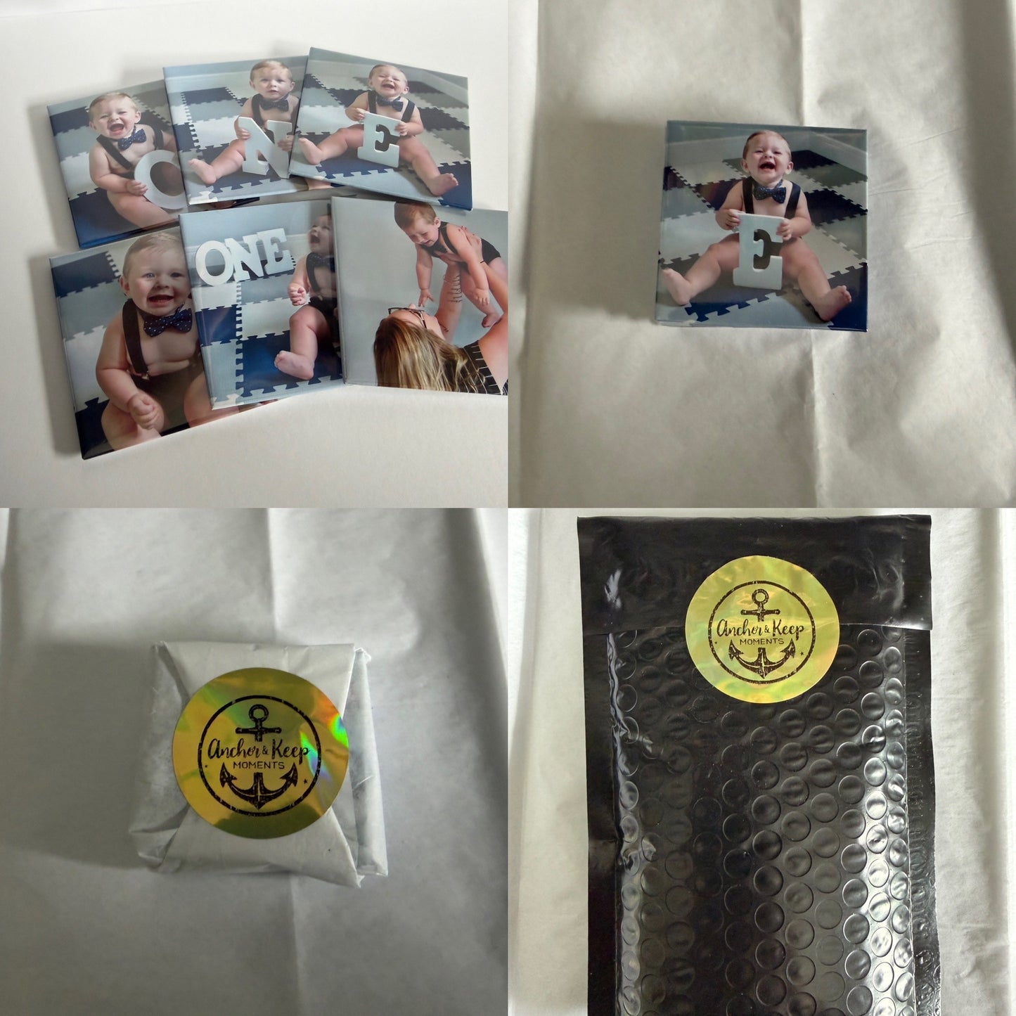 Custom photo magnets displayed with sealed Anchor & Keep packaging