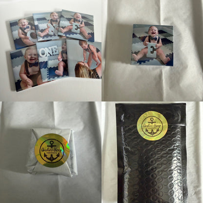 Custom photo magnets displayed with sealed Anchor & Keep packaging