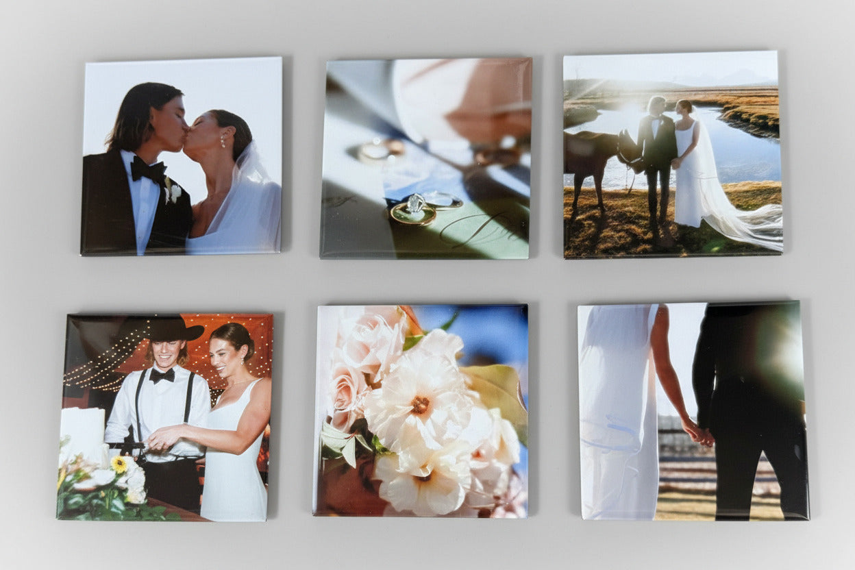 Set of six custom square photo magnets with wedding photos arranged in a grid