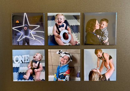 Custom photo magnets with family photos styled on a warm background